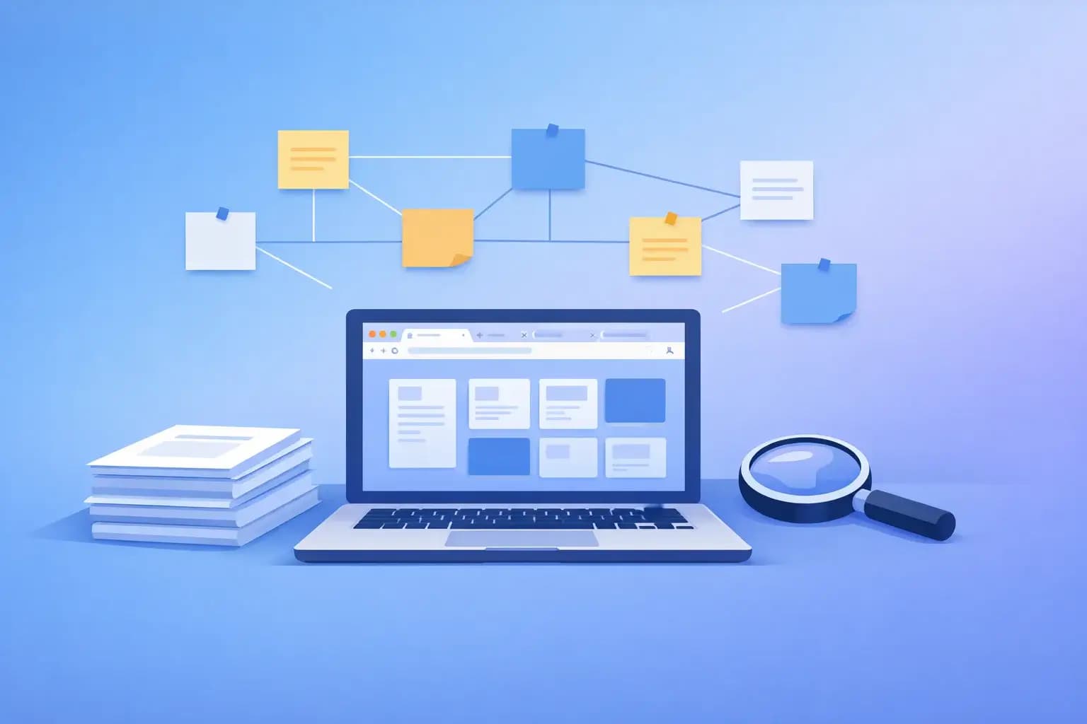 Research workspace with organized papers and browser tabs