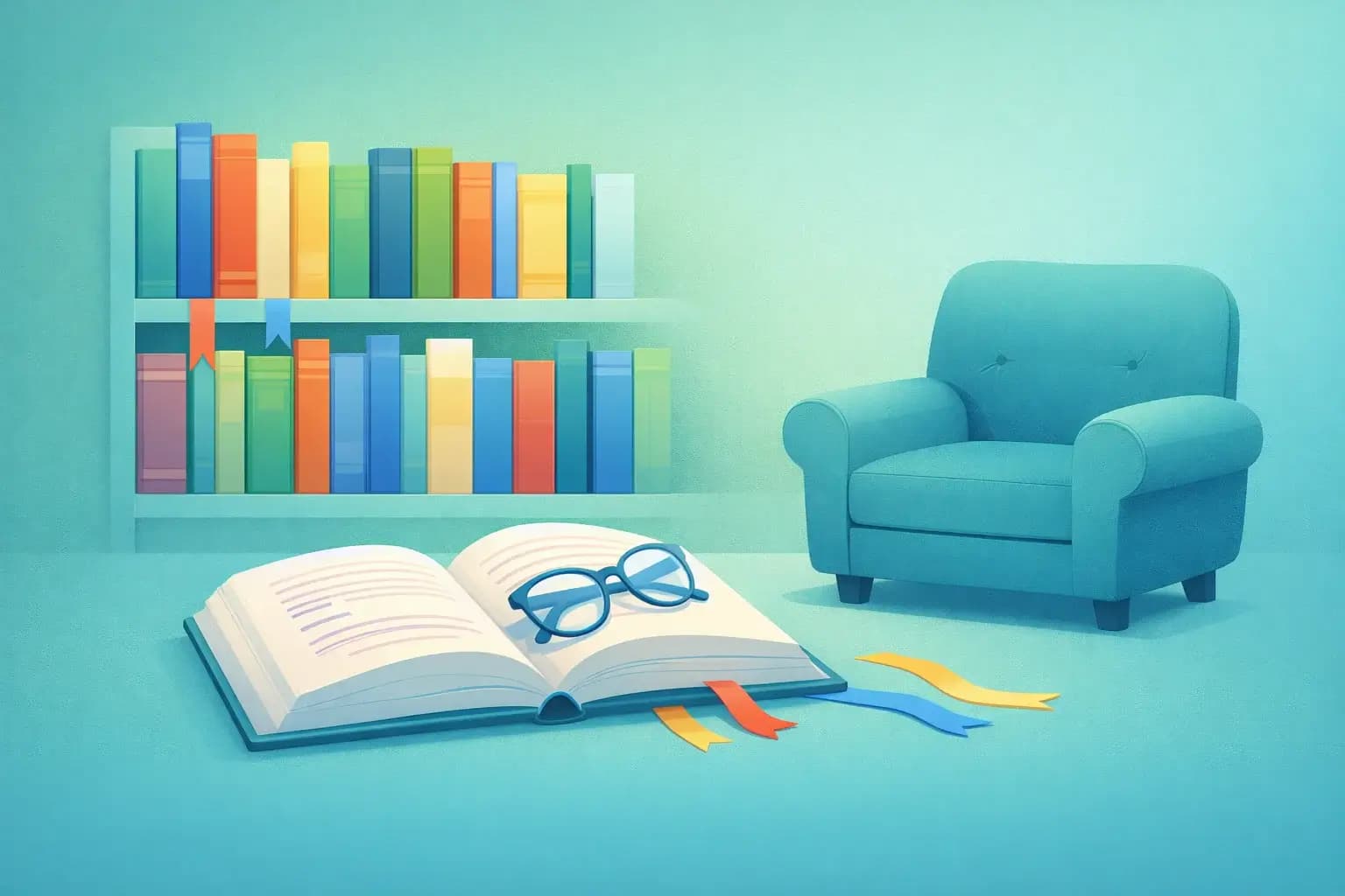 Reading nook with bookshelf and open book