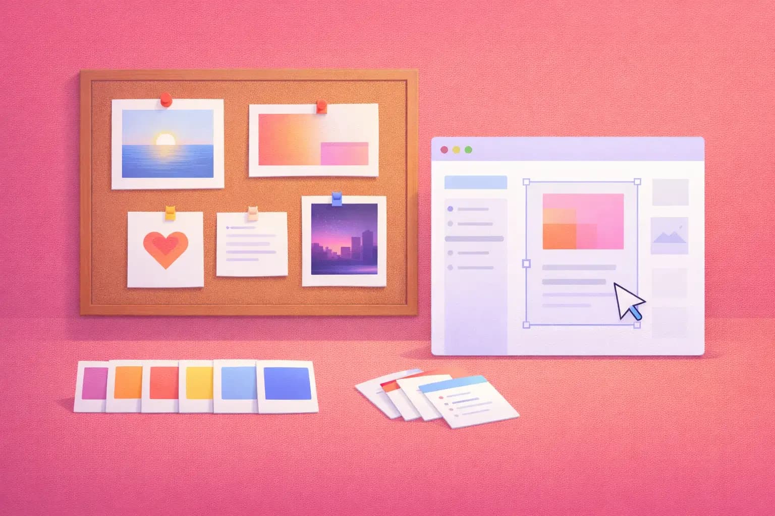 Design inspiration board with mood board and color palettes